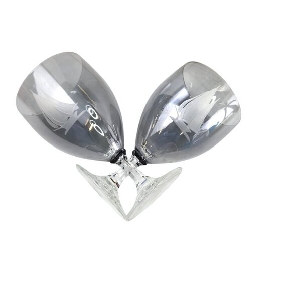 Gray Crystal Etched Sailboat Stemmed Glasses 6" Tall Elegant Nautical Design Go - Picture 6 of 10